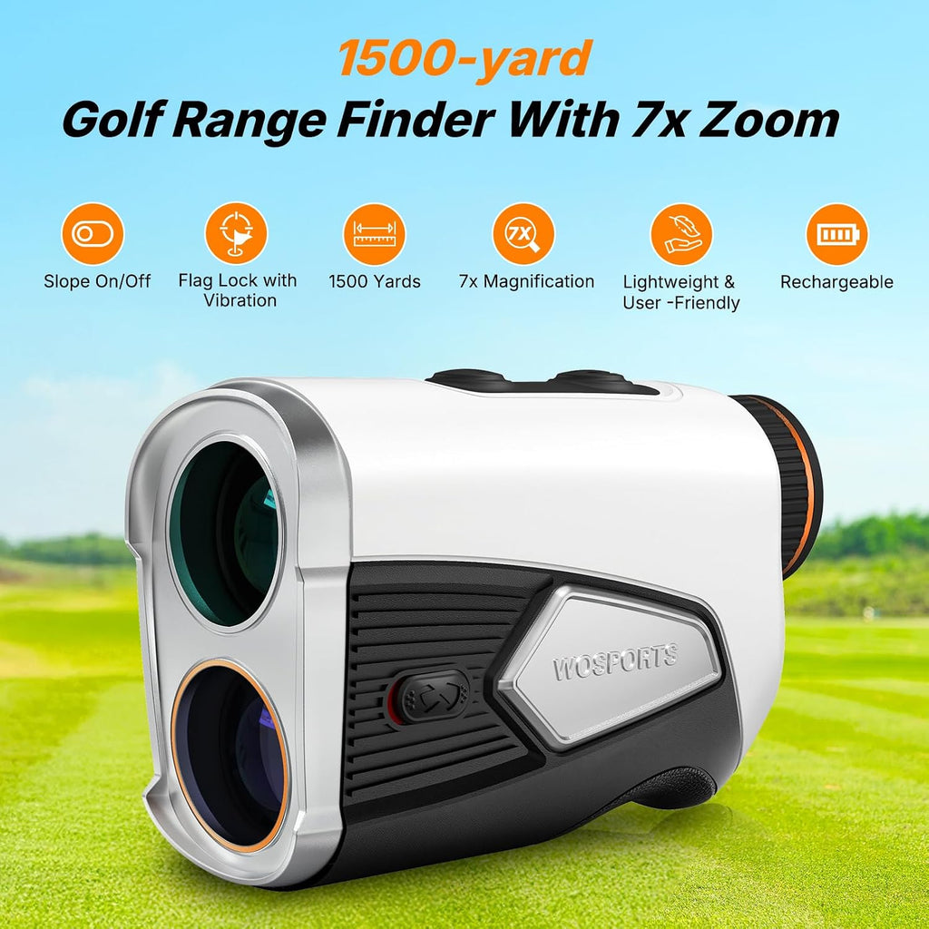 WOSPORTS Golf Rangefinder with Slope, 1500-Yard Pin Lock Vibration Range Finder(Feet/Meters/Yards), 7X Magnification, Magnetic Mount, Rechargeable