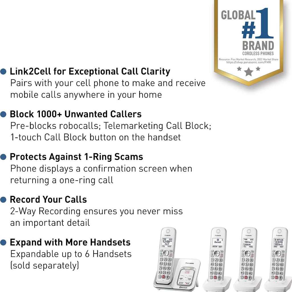 Panasonic Cordless Phone with Answering Machine, Link2Cell Bluetooth Home Phones, Voice Assistant and Advanced Call Blocking, Expandable System with 4 Handsets, Cordless Telephone, KX-TGD864W (White)