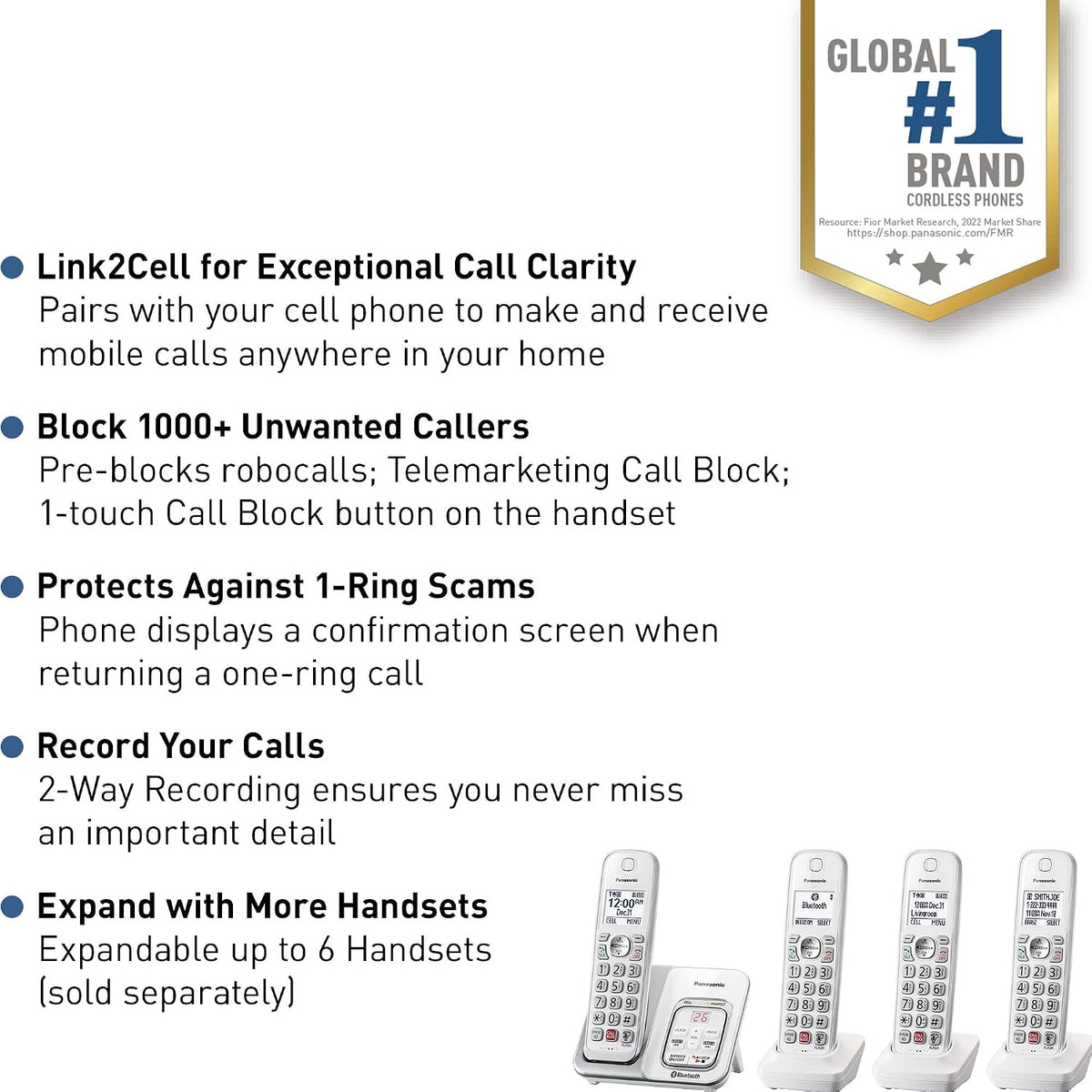 Panasonic Cordless Phone with Answering Machine, Link2Cell Bluetooth Home Phones, Voice Assistant and Advanced Call Blocking, Expandable System with 4 Handsets, Cordless Telephone, KX-TGD864W (White)