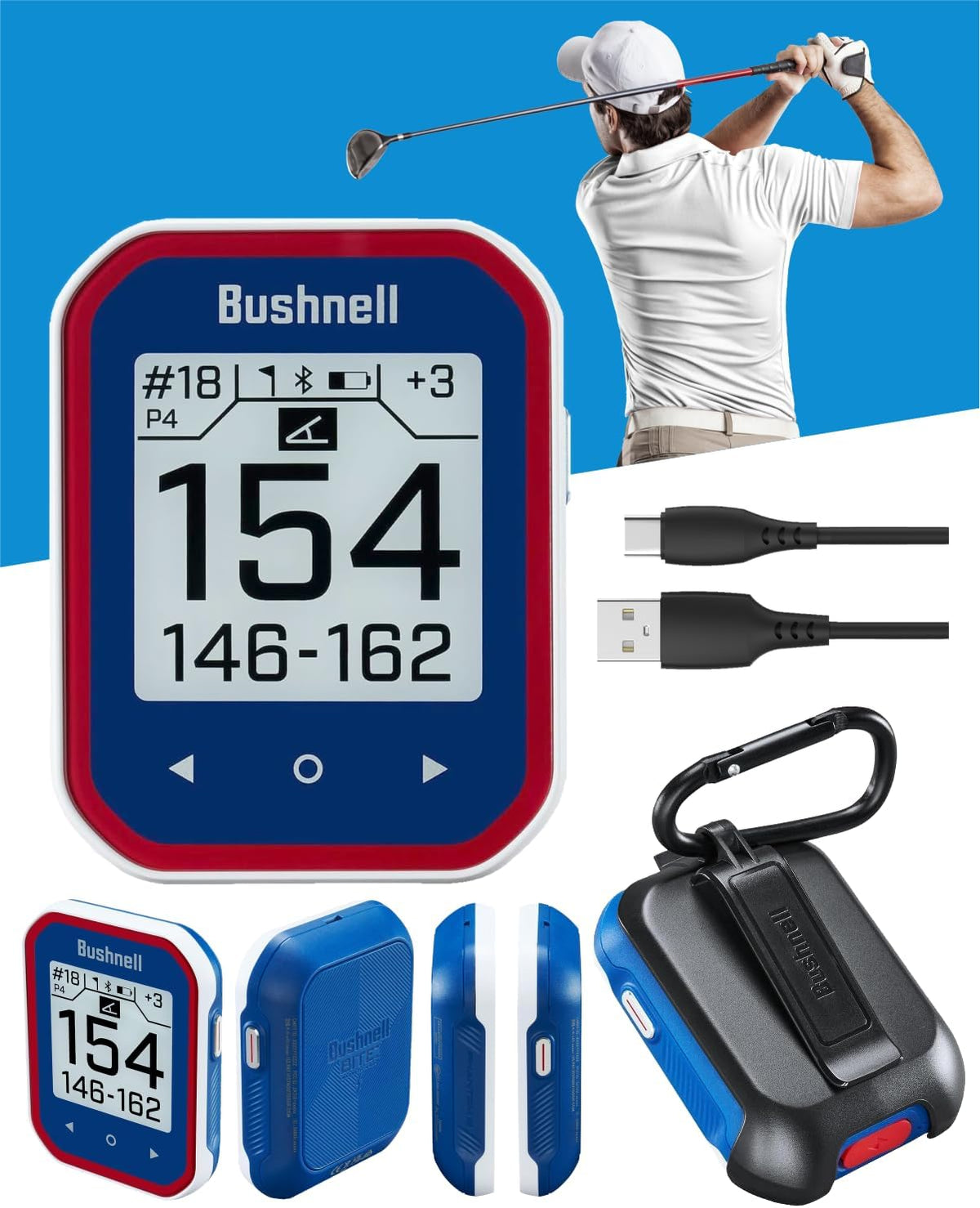 Bushnell Phantom 3 Slope Golf GPS Rangefinder (Blue) with BITE Magnetic Mount and GreenView with Slope-Adjusted Distances, 38,000+ Courses, Auto Hole Advance with Wearable4U Cleaning Cloth Bundle