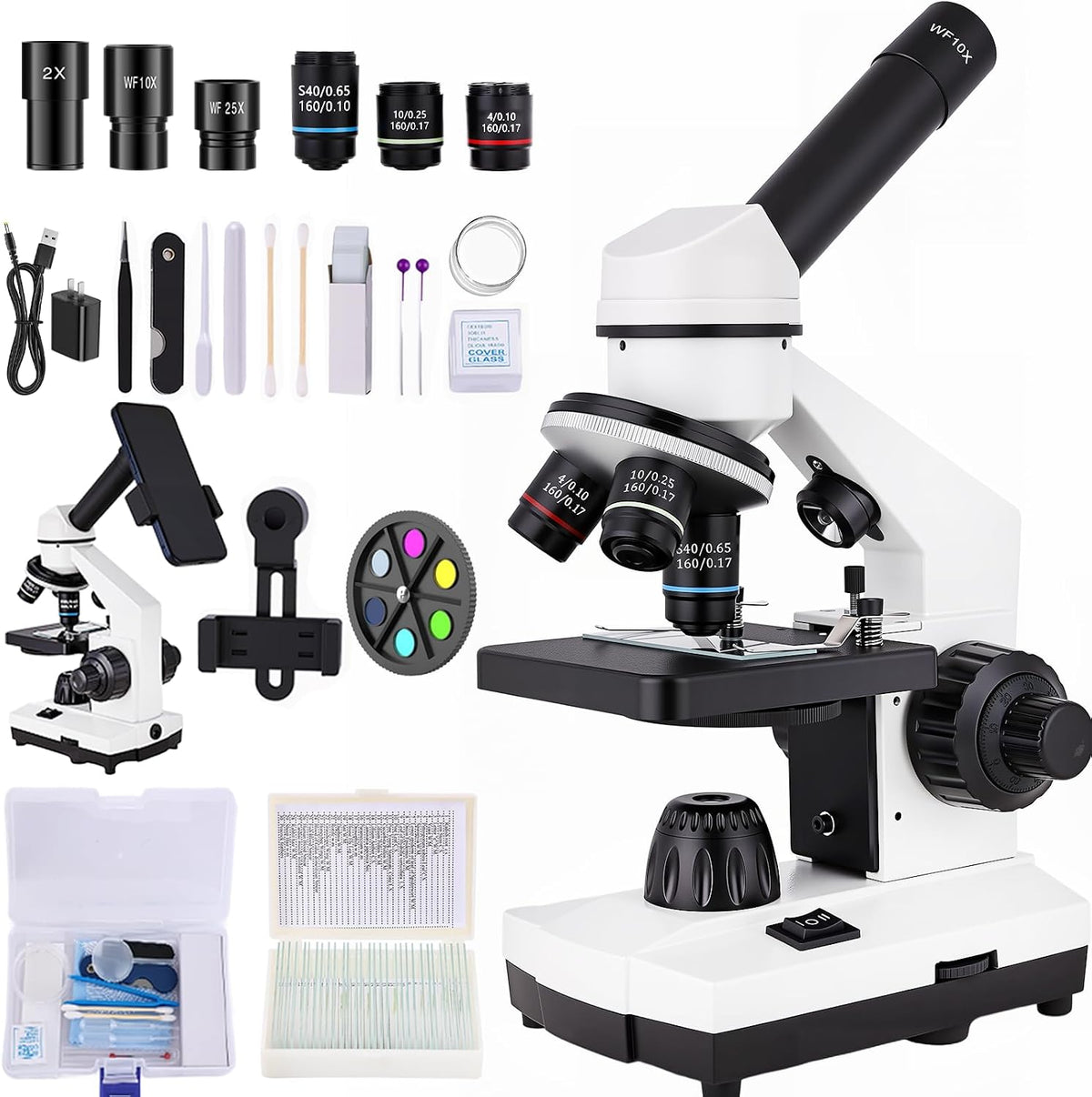 Microscope for Adults,WF10x/25x Eyepieces,40xâ2000x Magnification,Up/Down LED,Comes with a Free Experiment Kit & Phone Adapter.Suitable for Students Home and School Lab