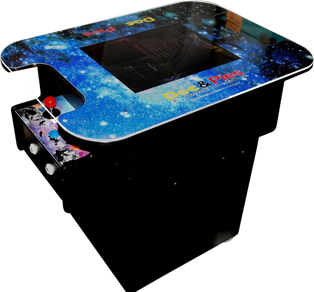 Doc and Pies Arcade Factory 60-Game Full Size Cocktail Arcade Machine â 2 Player Retro Arcade Table with LCD Screen, Joysticks & Buttons â Classic Arcade Cabinet for Home or Game Room