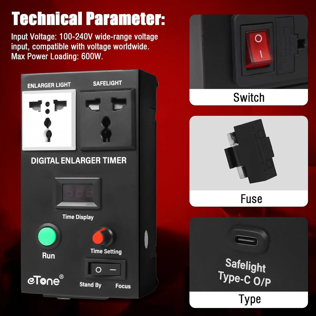 eTone Professional Digital Darkroom Timer for Precision Photo Enlargement - Exposure Control Device with LED Display