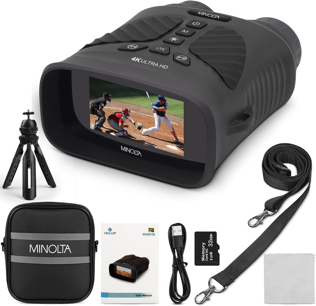 Minolta MNDM10B 10x25 Night Vision 4K Digital Camera Monocular (Black) Bundle with Cleaning Kit + USB Wall Charger + 32GB MicroSD Memory Card + USB Card Reader- SD/microSD + Memory Card Wallet