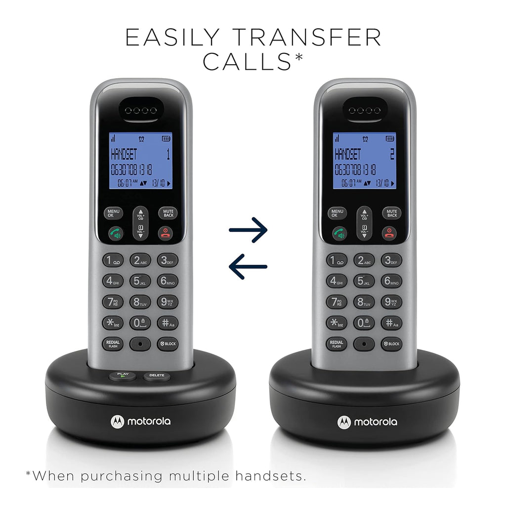Motorola Voice Cordless Phone System w/ 4 Digital Handsets + Answering Machine, Remote Access, Call Block - Dark Grey (T614)