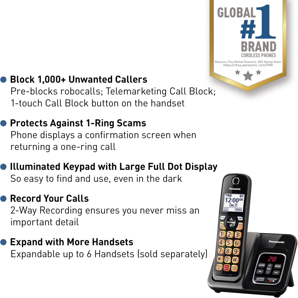 Panasonic Cordless Phone with Answering Machine, Link2Cell Bluetooth Home Phones, Voice Assistant and Advanced Call Blocking, Expandable System with 4 Handsets, Cordless Telephone, KX-TGD864W (White)