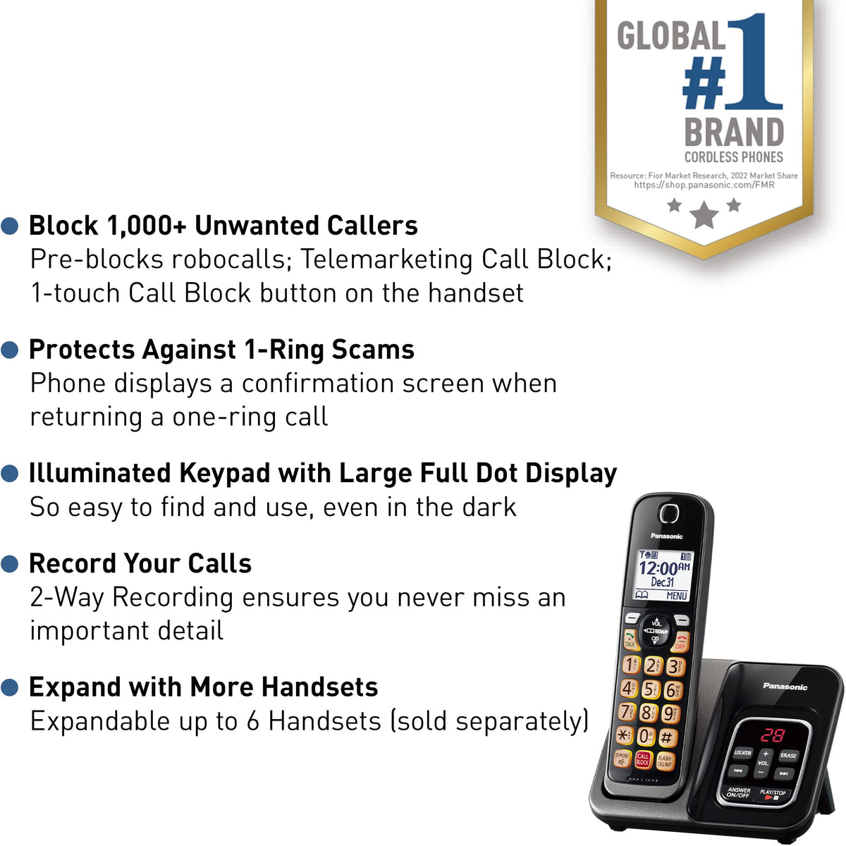 Panasonic Cordless Phone with Answering Machine, Link2Cell Bluetooth Home Phones, Voice Assistant and Advanced Call Blocking, Expandable System with 4 Handsets, Cordless Telephone, KX-TGD864W (White)