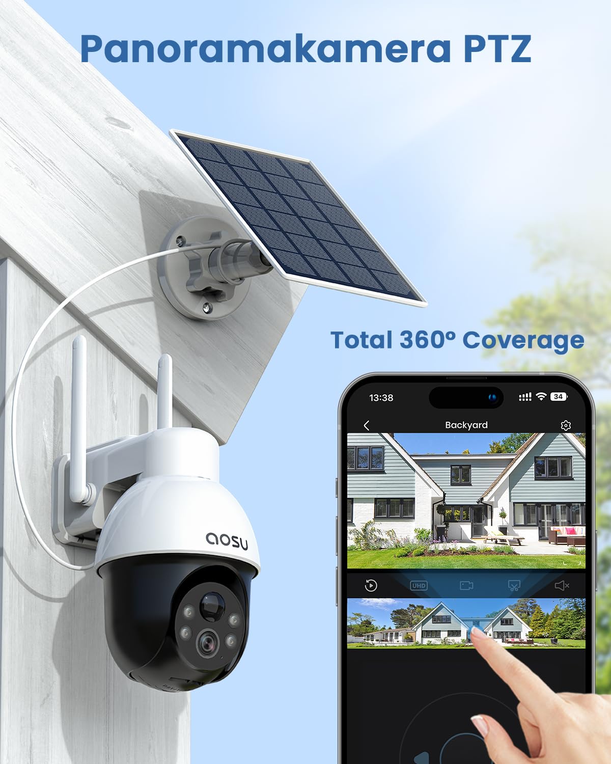 aosu 3K 5MP Solar Security Camera Wireless Outdoor PTZ 360Â° Smart Tracking
