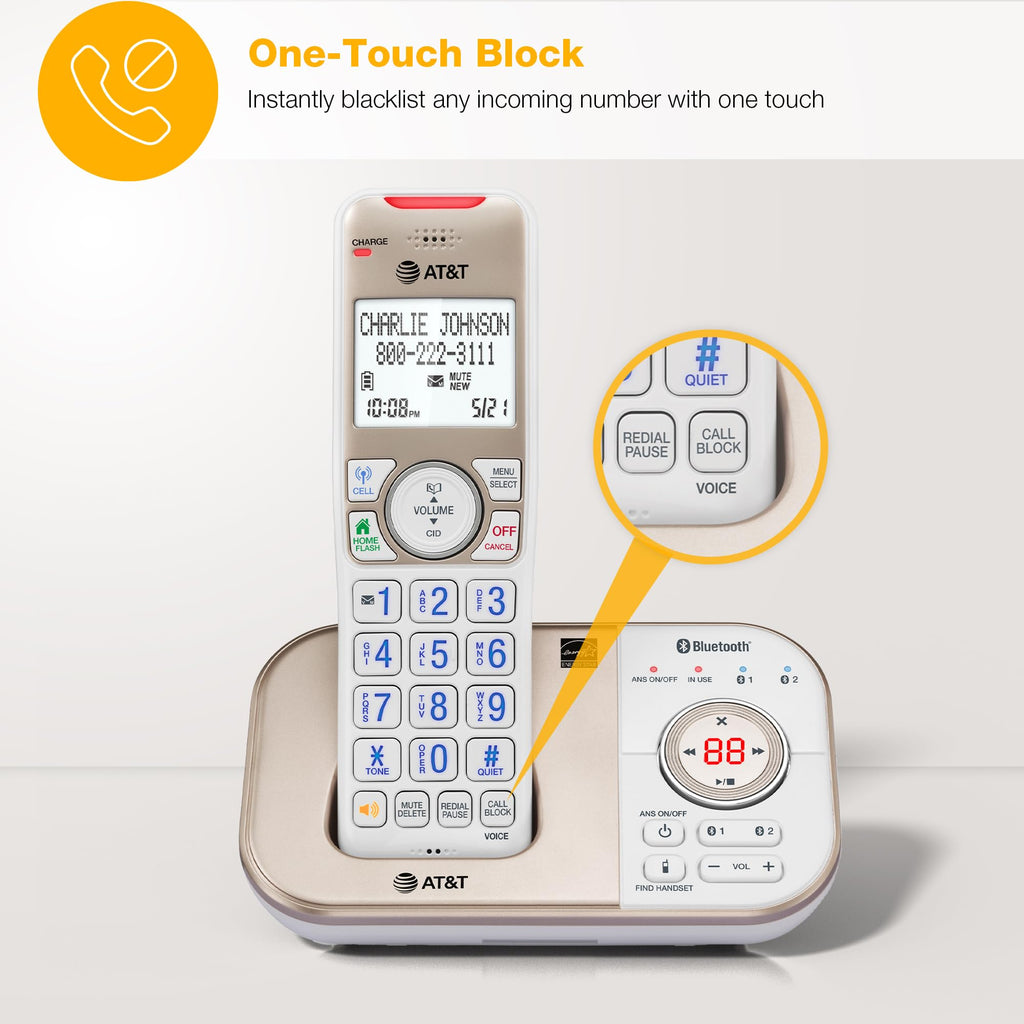 AT&T BL3112-3 3-Handset DECT 6.0 Cordless Phone for Home with Bluetooth Connect to Cell, Smart Call Blocker, Answering Machine, Caller ID, Expandable up to 5 Handsets, Champagne Gold/White