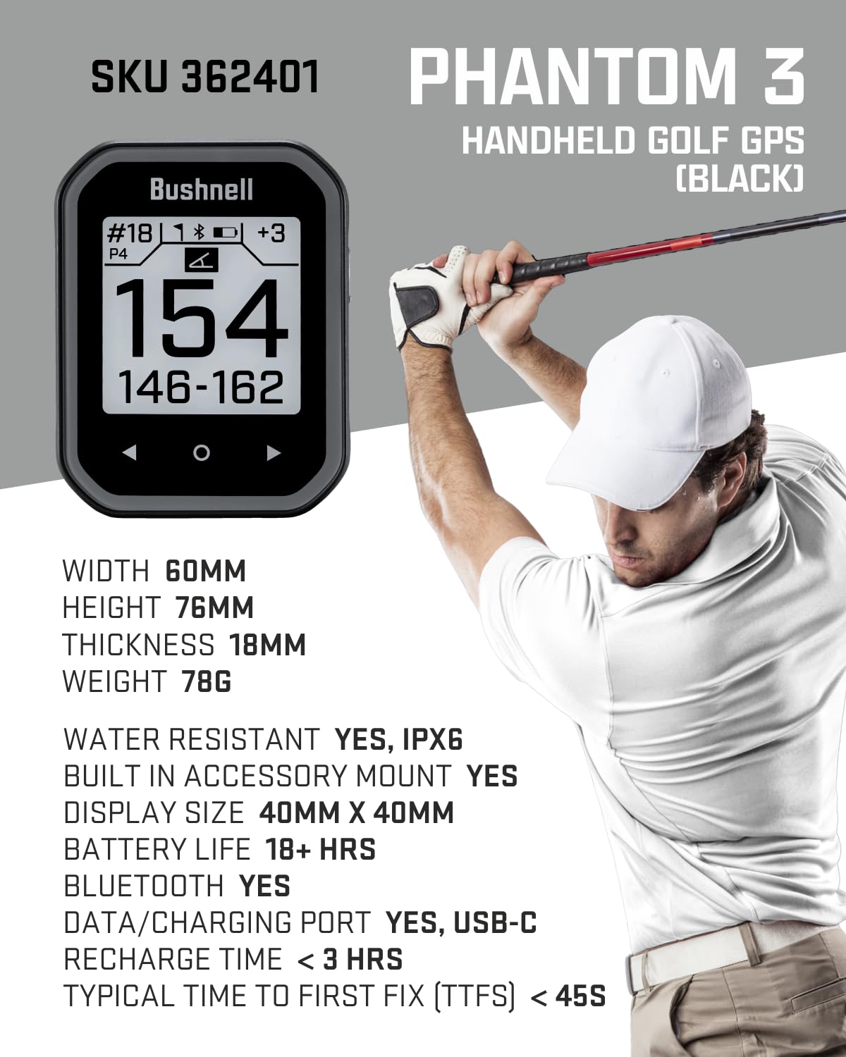Bushnell Phantom 3 Slope Golf GPS Rangefinder (Blue) with BITE Magnetic Mount and GreenView with Slope-Adjusted Distances, 38,000+ Courses, Auto Hole Advance with Wearable4U Cleaning Cloth Bundle