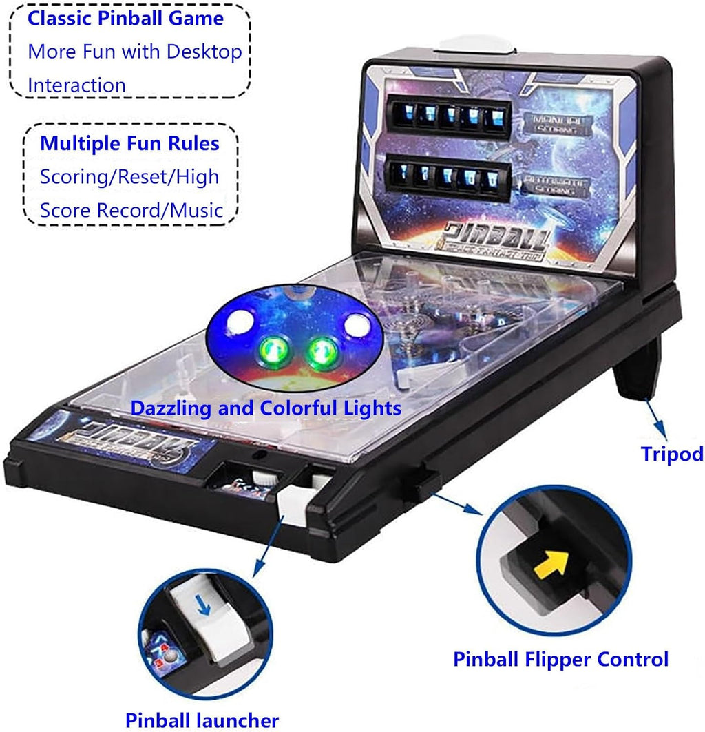 Pinball Machine, Mini Electronic Tabletop Arcade Game with LED Lights Sounds Stand, Children's Puzzle Ball Shooting Toy, Gift for Birthday Party, Home Desktop, Space Theme