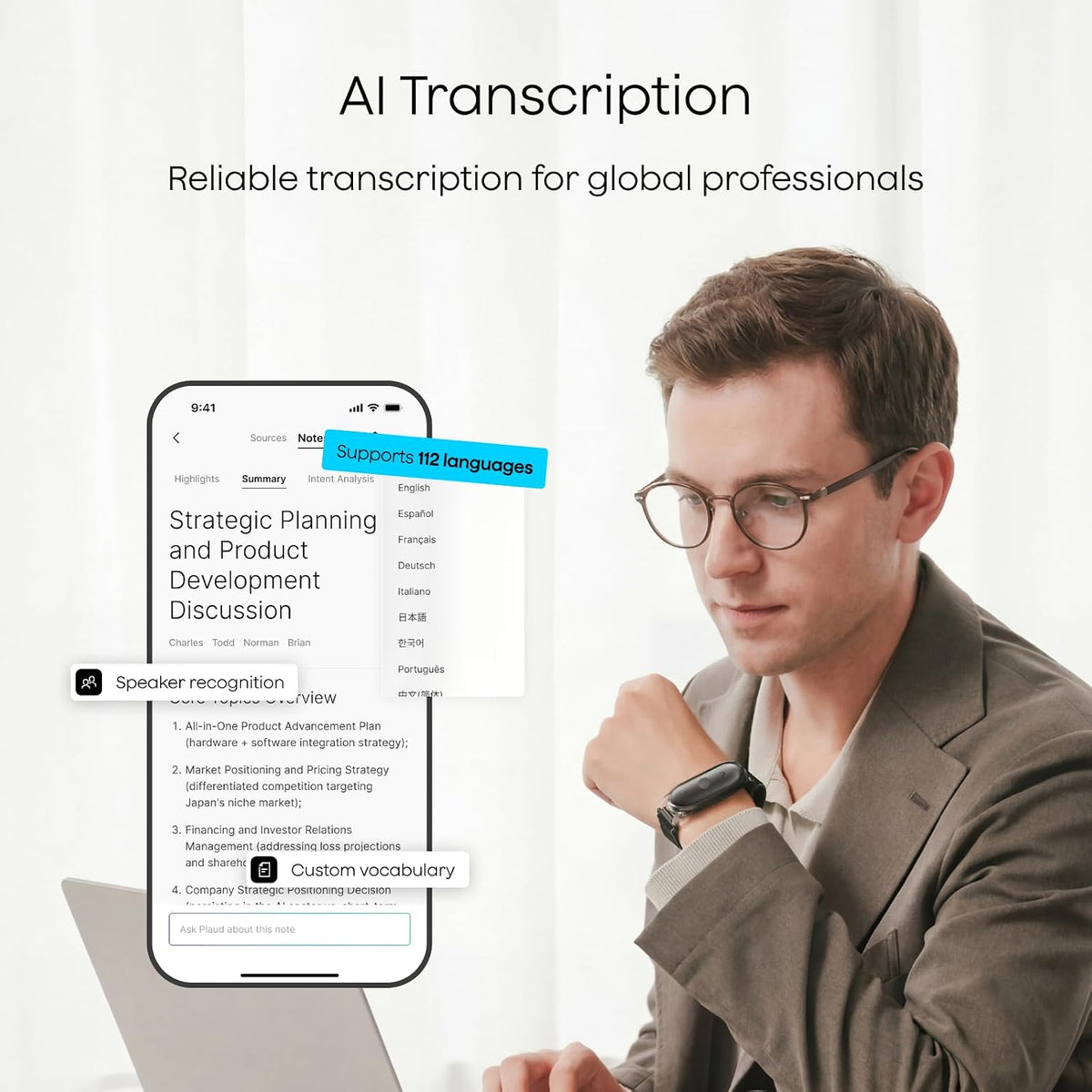 Plaud NotePin S Wearable AI Voice Recorder, Transcribe & Summarize, Purple