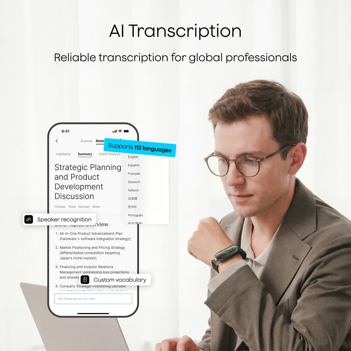 Plaud NotePin S Wearable AI Voice Recorder, Transcribe & Summarize, Purple