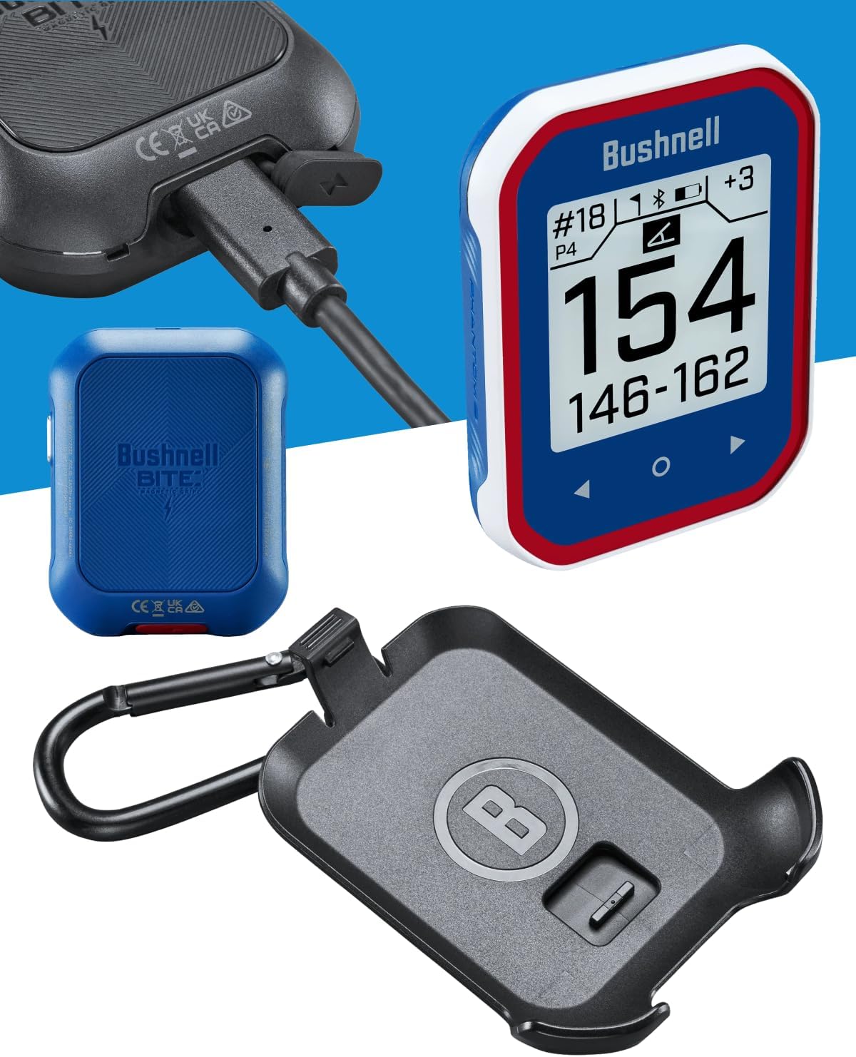 Bushnell Phantom 3 Slope Golf GPS Rangefinder (Blue) with BITE Magnetic Mount and GreenView with Slope-Adjusted Distances, 38,000+ Courses, Auto Hole Advance with Wearable4U Cleaning Cloth Bundle
