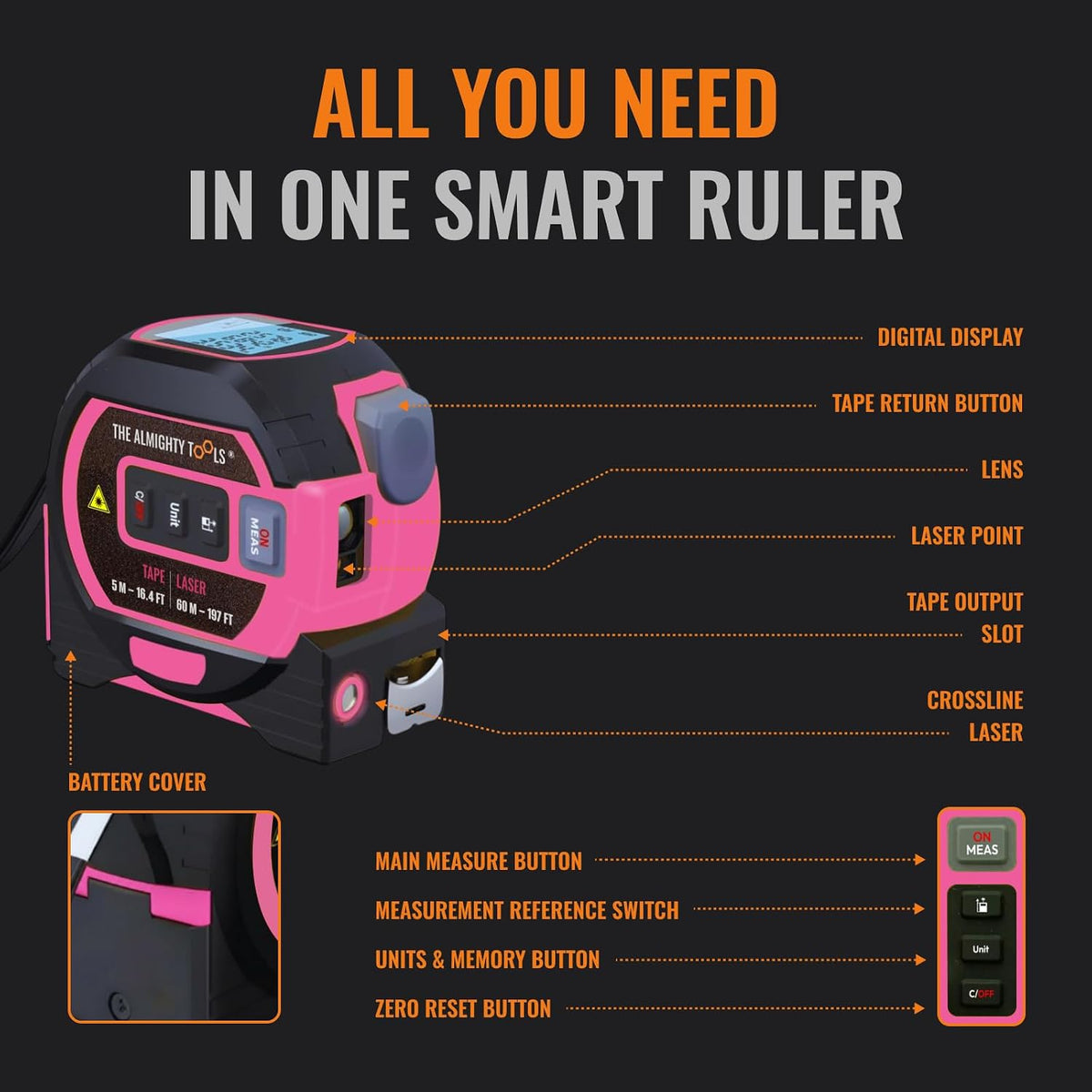 The Almighty Ruler Laser Tape Measure | Smart Range Finder | 196ft/ 60m