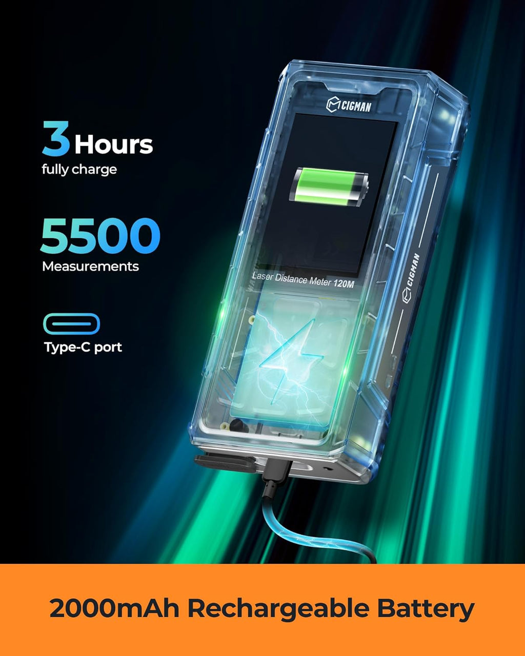 CIGMAN Green-Beam Laser Measuring Tool, 393ft Outdoor Laser Measure