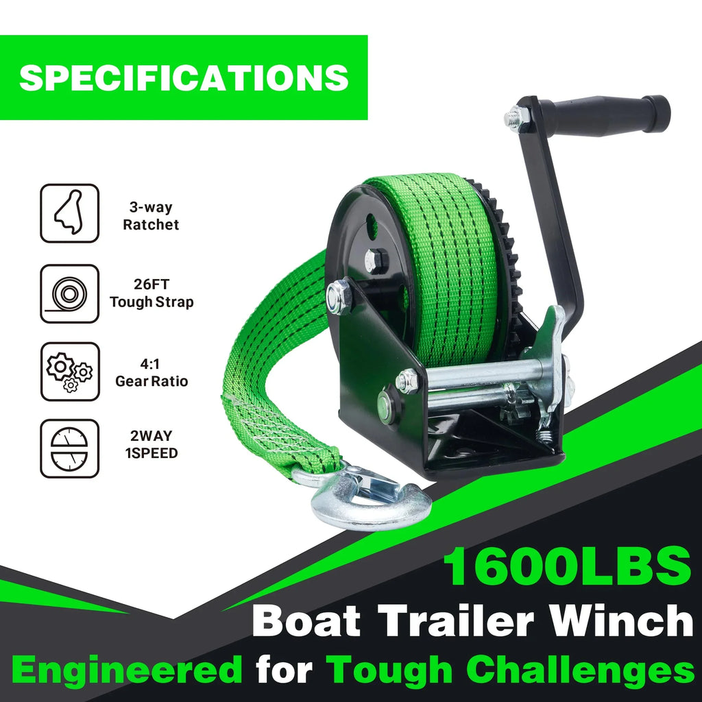 OPENROAD Duty Includes 4:1 Strap, Boat, Ratchet Truck, Trailer, Gear Hand Ski Screws with for Trailer 2-Way 26FT 1600LB Winch Jet Installation RV, Boat Ideal Winch - - - ATV & Green and Heavy