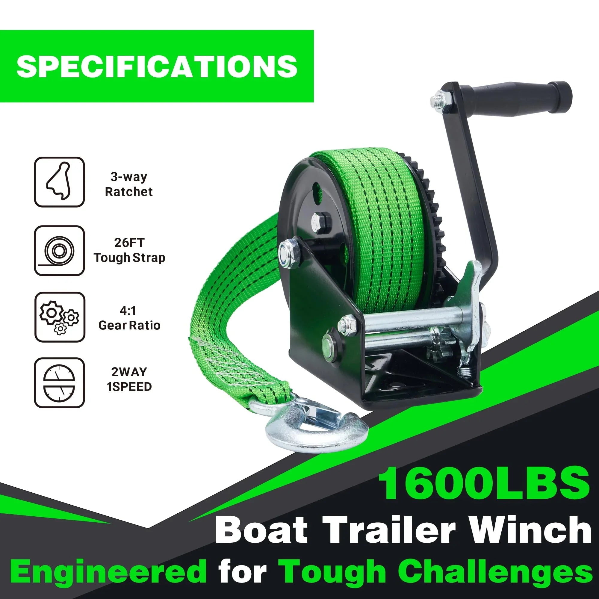 OPENROAD Duty Includes 4:1 Strap, Boat, Ratchet Truck, Trailer, Gear Hand Ski Screws with for Trailer 2-Way 26FT 1600LB Winch Jet Installation RV, Boat Ideal Winch - - - ATV & Green and Heavy