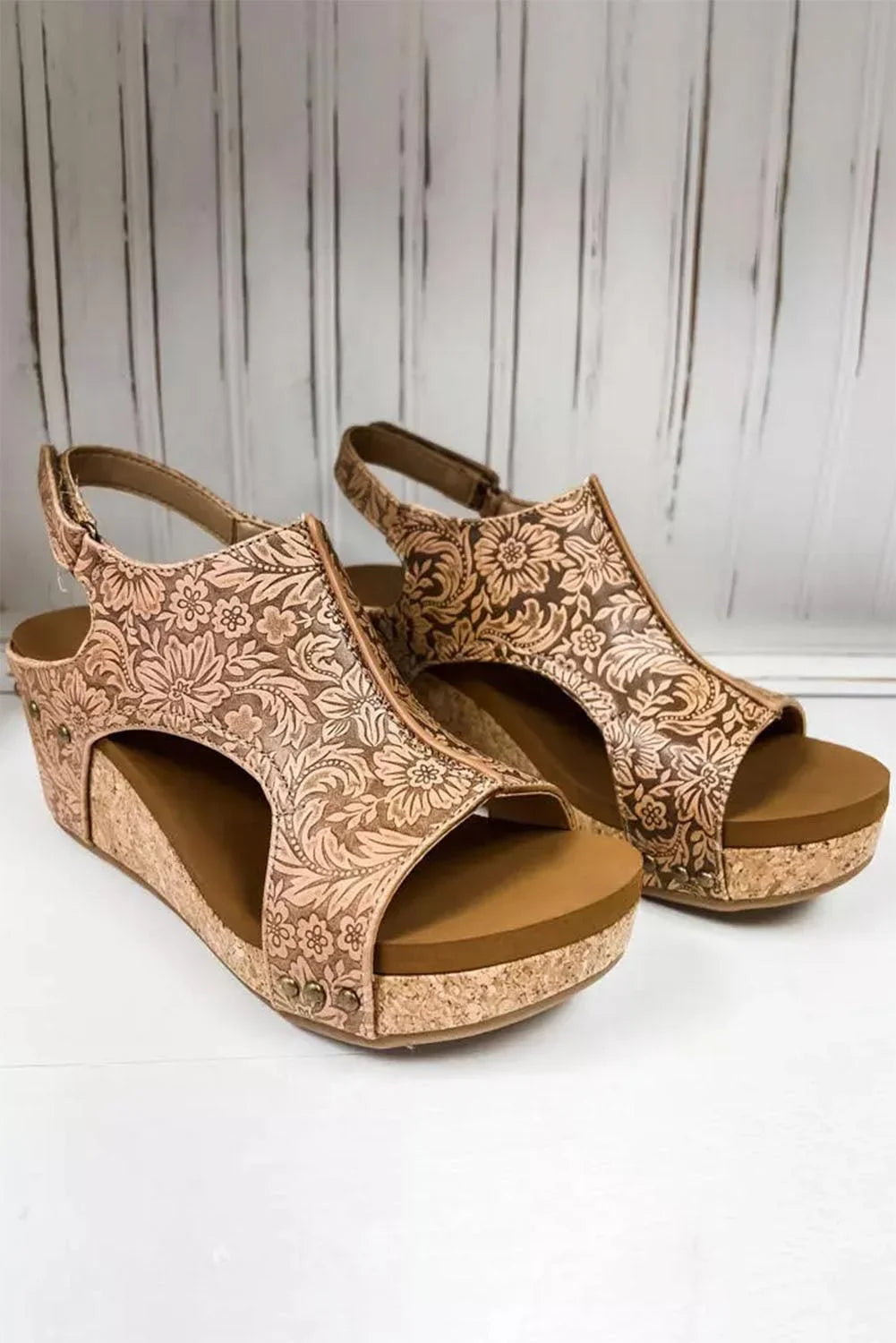 Rivet Brown Floral Vintage Hollowed Platform Sandals Leather