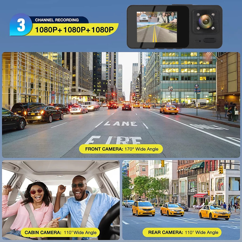 Loop G-Sensor, Vision, TSV Backup Cam, Recording Camera Night HD 3 1080P Channel Dash Monitor, Dash Black - Parking with