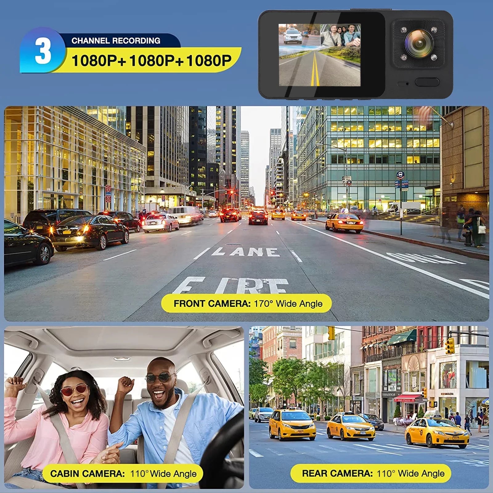 Loop G-Sensor, Vision, TSV Backup Cam, Recording Camera Night HD 3 1080P Channel Dash Monitor, Dash Black - Parking with