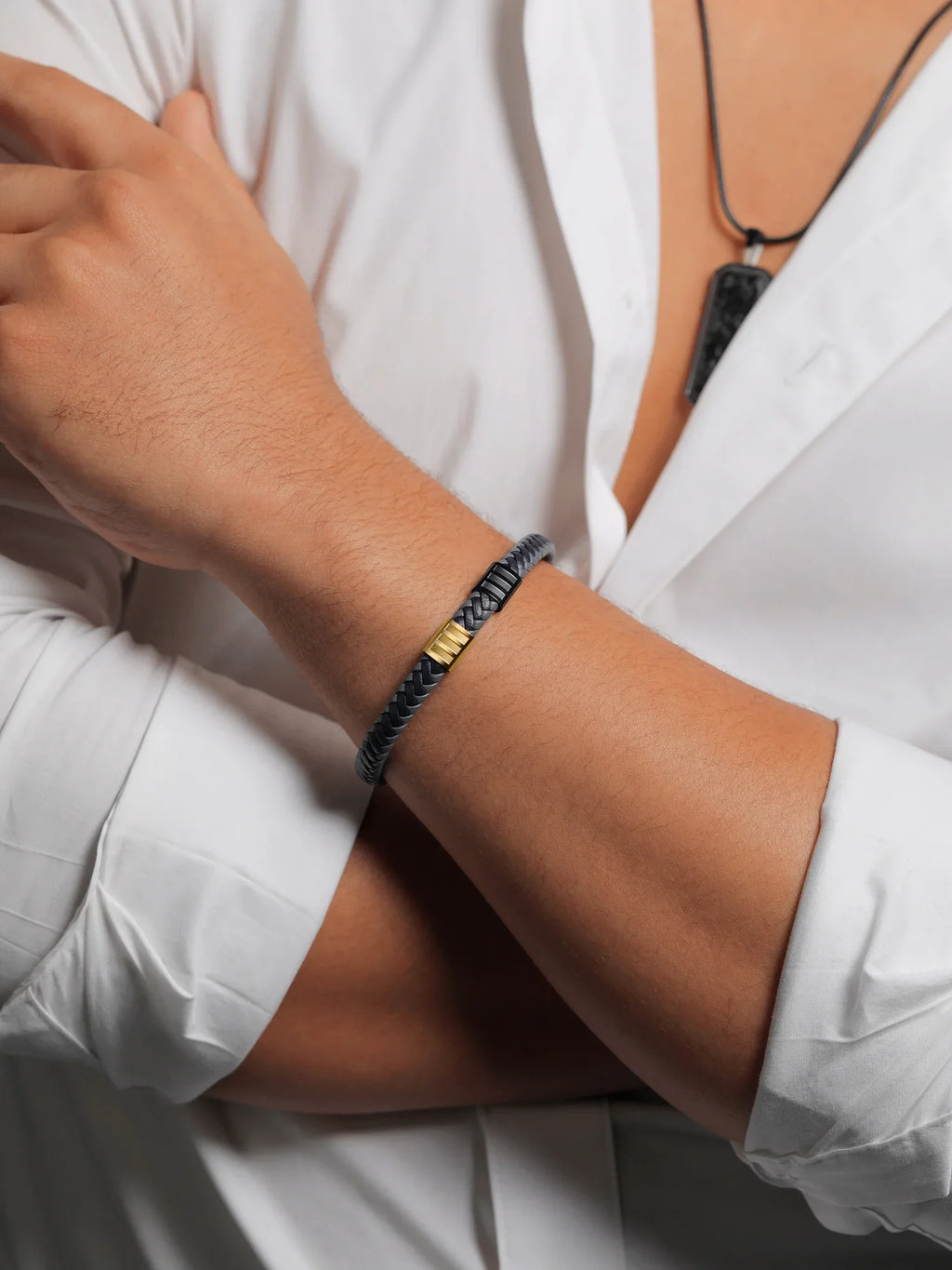 Stainless 7.7MM Stone Premium Men's (8.25 Black Steel inch, Leather Gold Gem King Genuine Width)