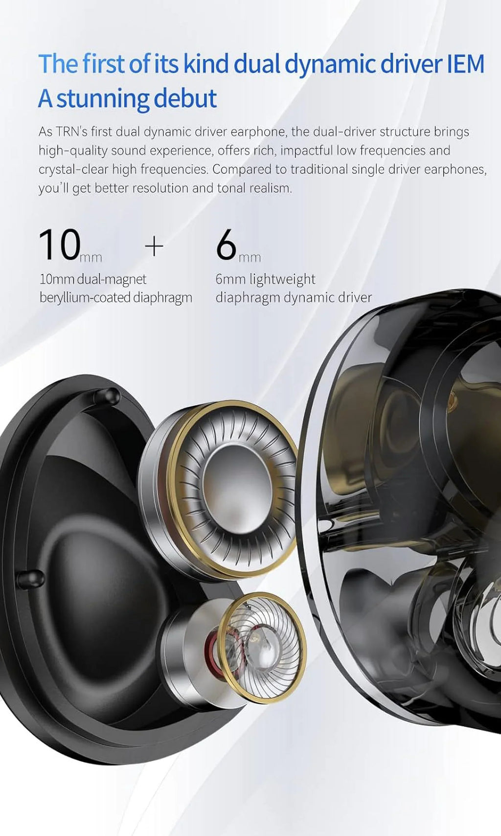 Kinboofi Earphone with Drive Dual Ear Dyna Copper TRN 10mm Monitor MT4 Silver-Plated Magnet 4-core in Headphone,