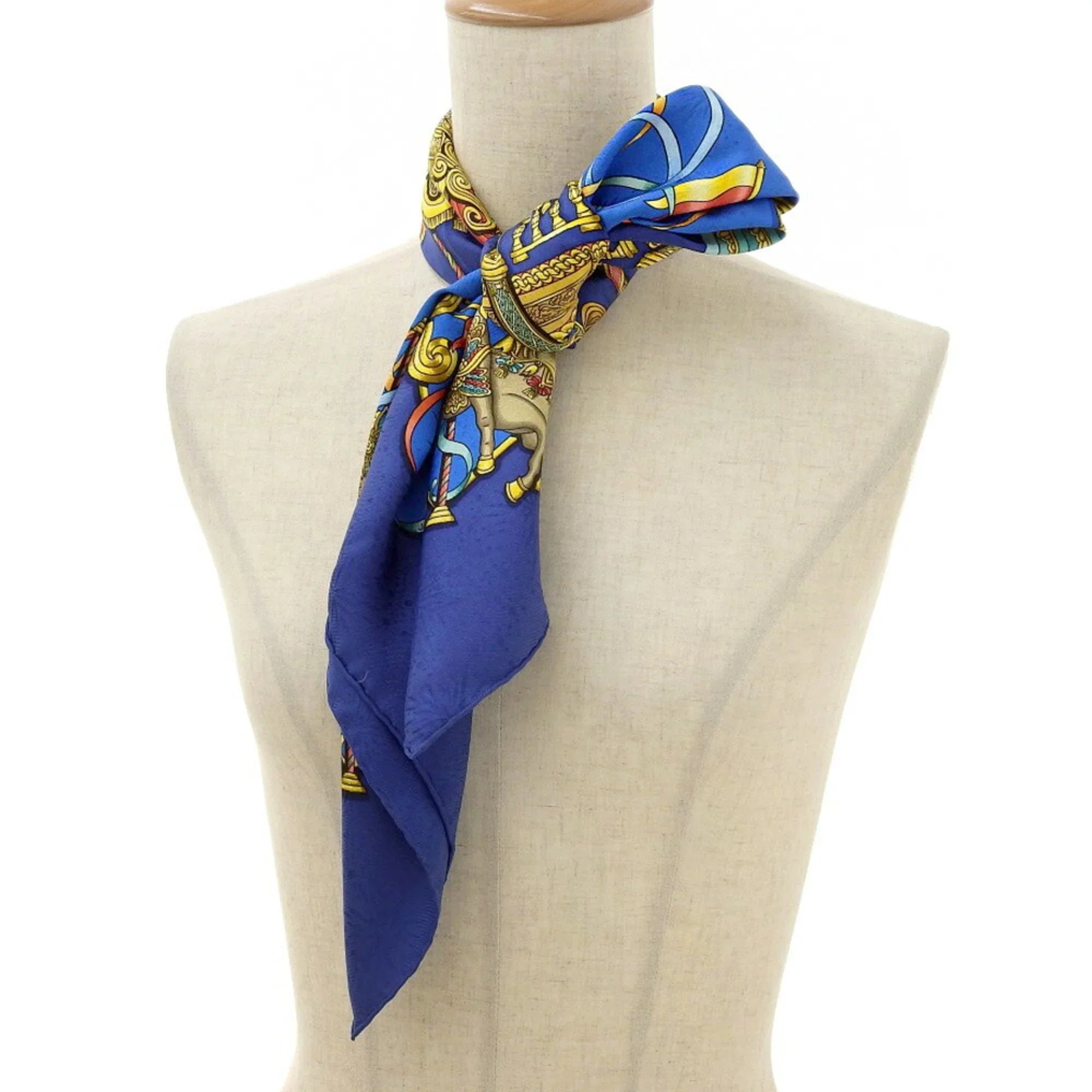 Amusement Carousel KARE90 Muffler Horse HERMES Blue PARK Scarf (Good) Park LUNA Pre-Owned Silk