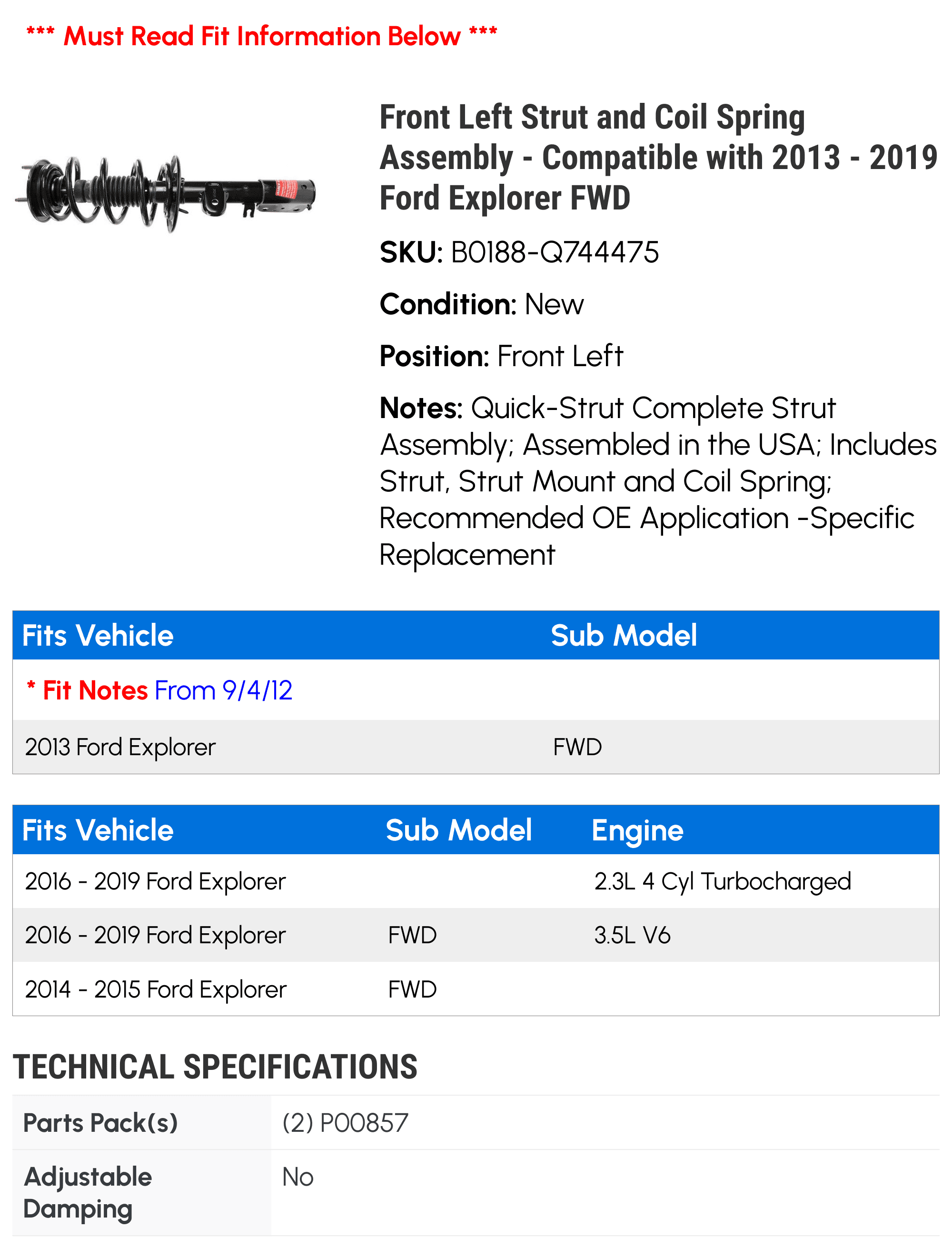 FWD Ford - Compatible Front 2018 2013 and 2014 2017 Strut Explorer with 2019 Left Coil 2015 - Assembly Spring 2016