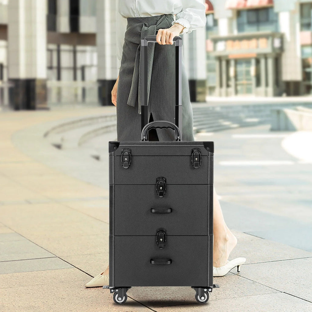 Polish Organizer 4 Train ZhdnBhnos Wheels Lock (Black) Box Rolling w/ Nail Storage & Case Luggage Trolley Makeup Cosmetic