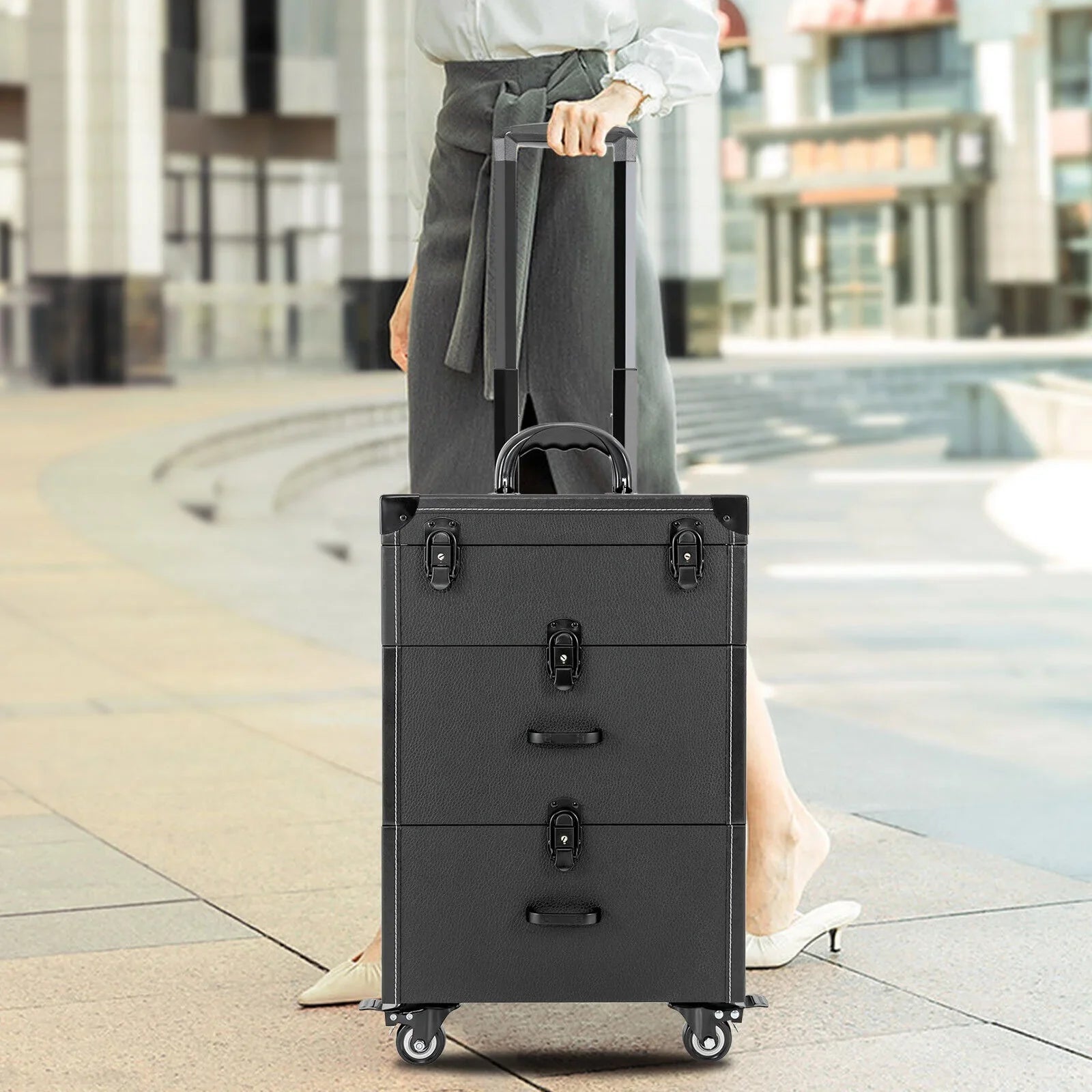 Polish Organizer 4 Train ZhdnBhnos Wheels Lock (Black) Box Rolling w/ Nail Storage & Case Luggage Trolley Makeup Cosmetic
