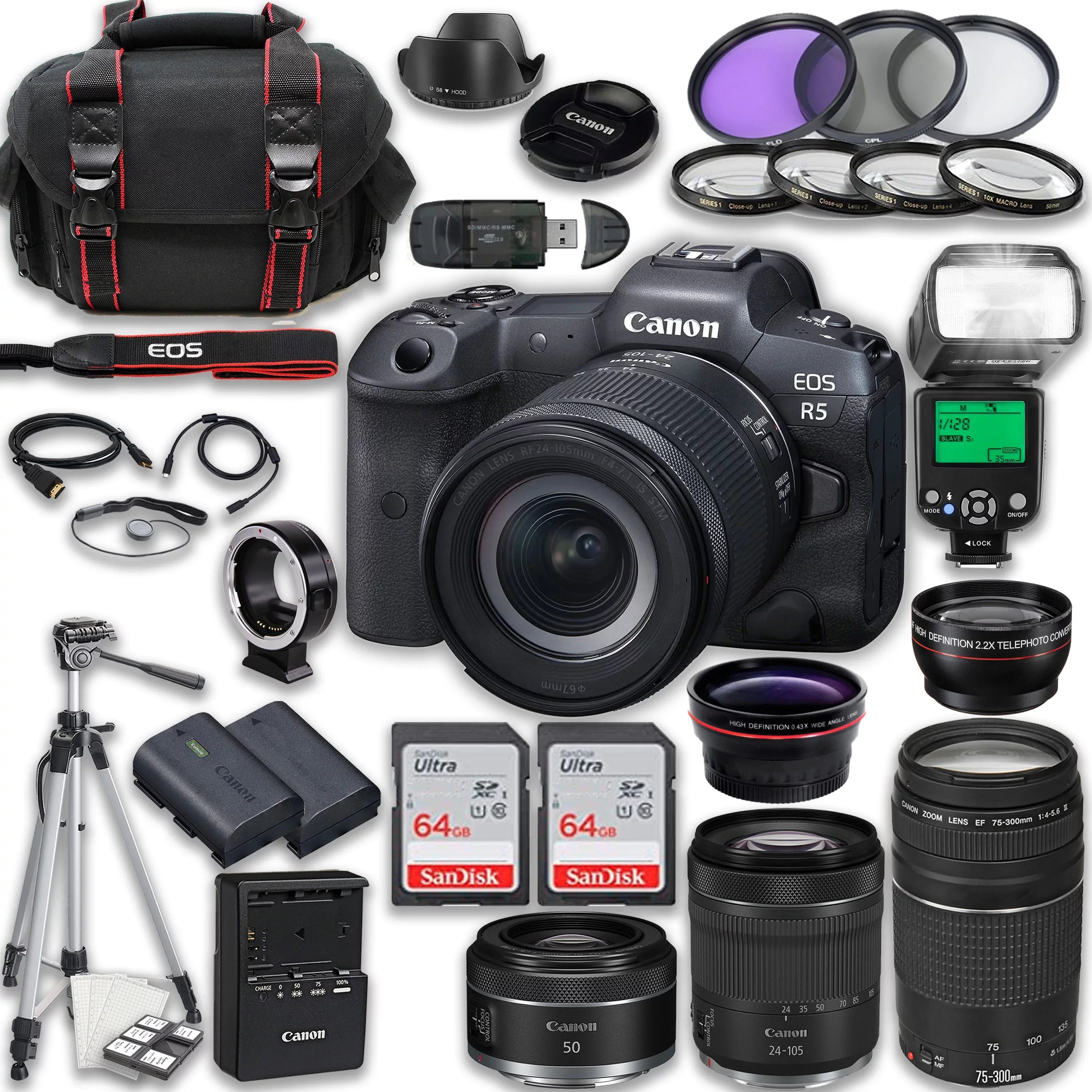 Canon + Battery, including: f/4-5.6 Accessories 50mm RF Lenses Tripod STM EOS 128GB STM Flash, 24-105mm Camera + 75-300mm More Frame & with R5 + Extra Full Memory & Mirrorless RF Card III f/1.8 TTL