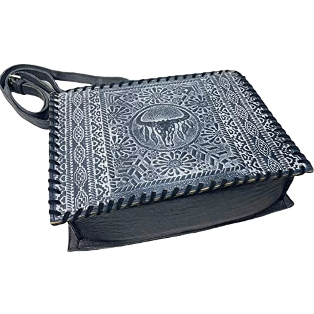 Handbag Crossbody Tote Stitched Urbalabs Bag Hand Purse (Blue) Skull Genuine Cow Western Large Tooled Longhorn Leather