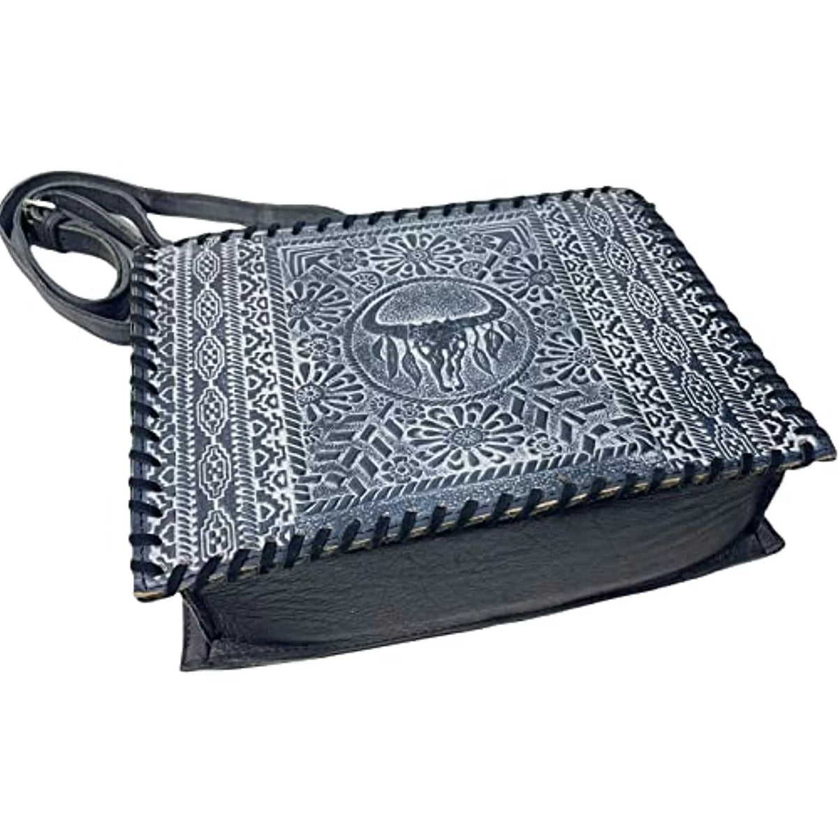 Handbag Crossbody Tote Stitched Urbalabs Bag Hand Purse (Blue) Skull Genuine Cow Western Large Tooled Longhorn Leather
