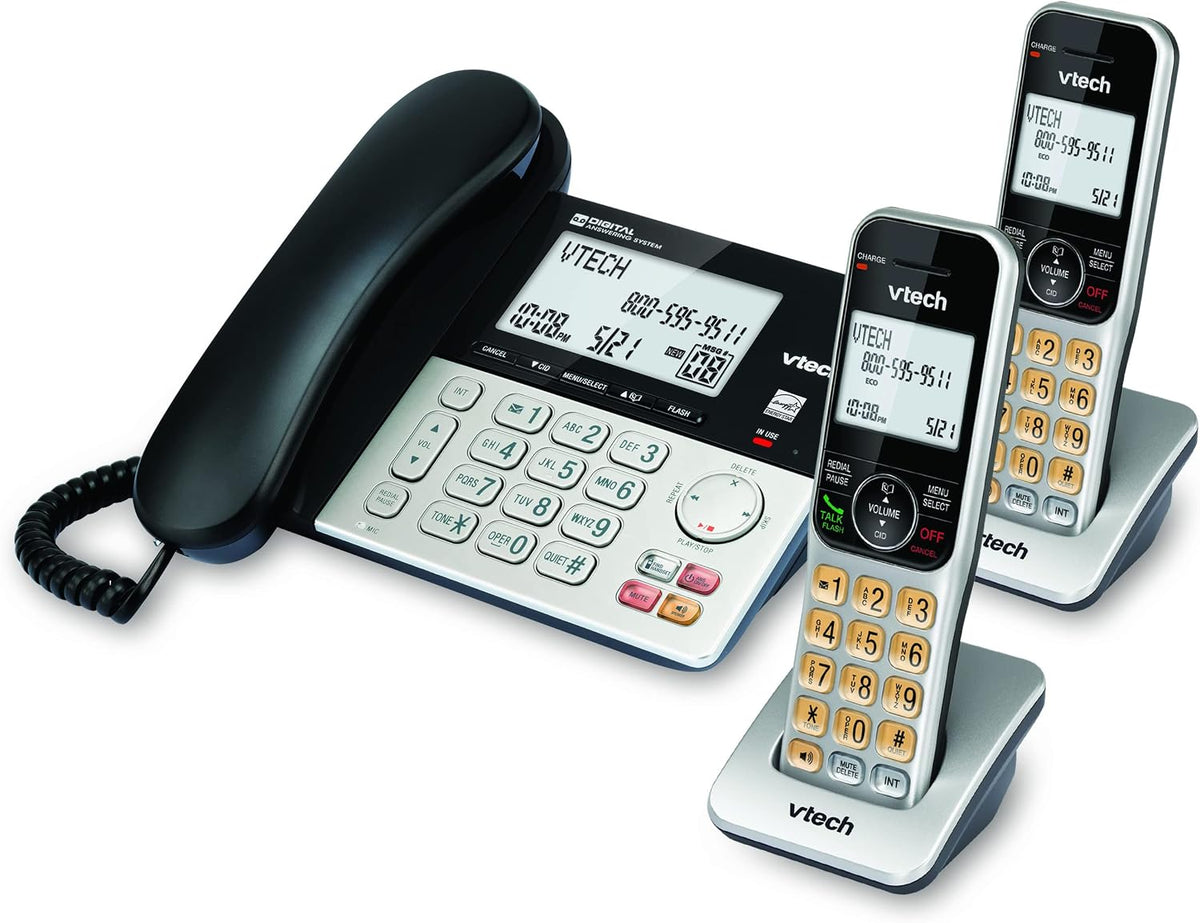 VTech VG208-2 DECT 6.0 Corded/Cordless Phone System with 2 Handsets, Digital Answering Machine, Call Blocking, Caller ID, Large Backlit Display