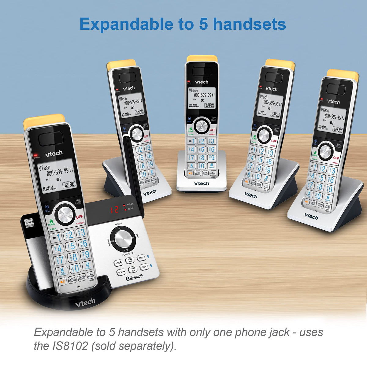 VTech IS8128-51 Super Long Range 5-Handset DECT 6.0 Cordless Phone for Home with Answering Machine, 2300 ft Range, Call Blocking, Bluetooth Connect to Cell, Intercom