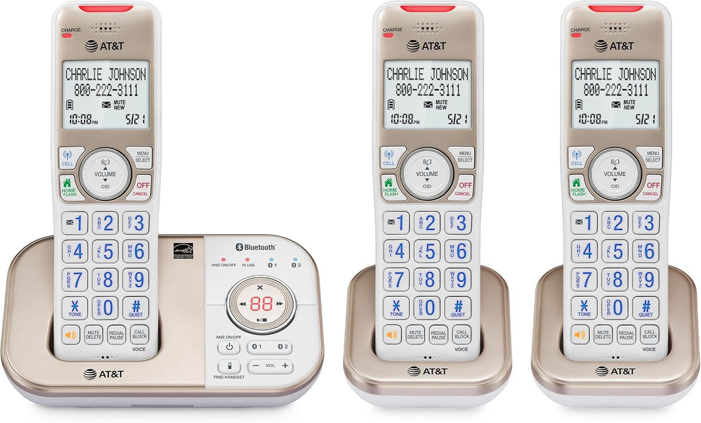 AT&T BL3112-3 3-Handset DECT 6.0 Cordless Phone for Home with Bluetooth Connect to Cell, Smart Call Blocker, Answering Machine, Caller ID, Expandable up to 5 Handsets, Champagne Gold/White