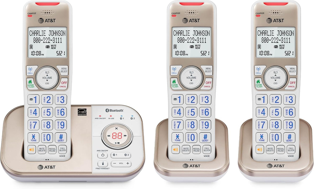 AT&T BL3112-3 3-Handset DECT 6.0 Cordless Phone for Home with Bluetooth Connect to Cell, Smart Call Blocker, Answering Machine, Caller ID, Expandable up to 5 Handsets, Champagne Gold/White