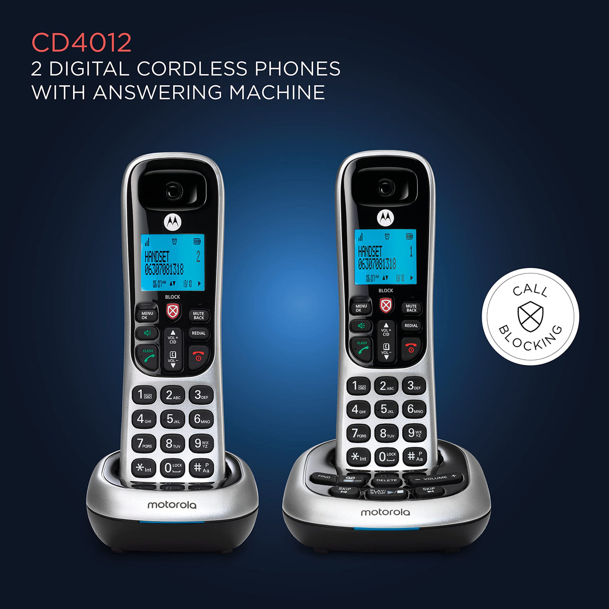 Motorola CD4014 DECT 6.0 Cordless Phone with Answering Machine and Call Block, Silver/Black, 4 Handsets