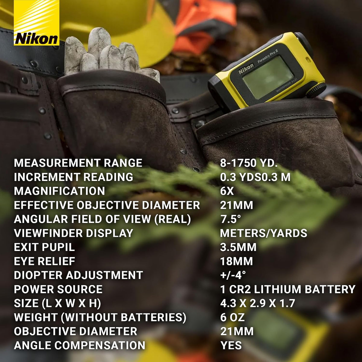 Nikon Forestry Pro II 6x21 Laser Rangefinder with 3-Point Hypsometer, 1750-Yard Range, Dual LCD Display, Inclinometer, Waterproof Construction for Forestry and Industrial Applications