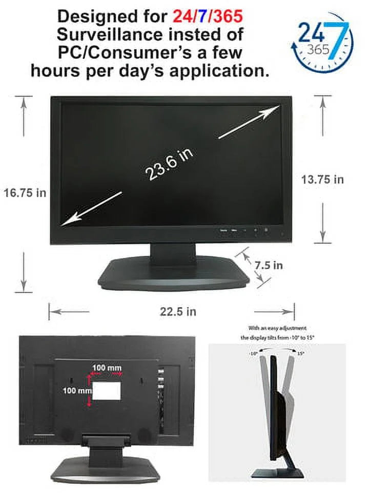 Analog HD-TVI, CVBS for Security CCTV 101AV Surveillance DVR HD AHD, & CVI 1x 23.6" Home BNC System 2X 16:9, Inputs with LED HDMI Office Monitor Work Professional &