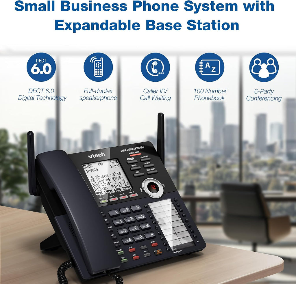 VTech AM18447 Main Console 4-Line Small Business Phone System - Expandable to 10 Stations, Digital Answering Machine, Auto Attendant, Intercom & Custom Music on Hold, Black