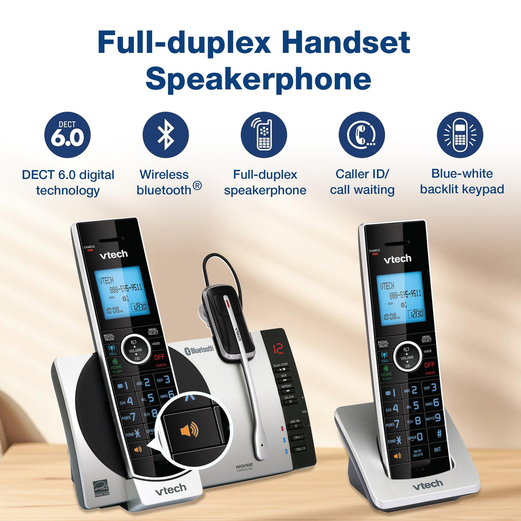 VTech-Cordless Phone with Answering Machine with DECT 6.0 Headset, Bluetooth, Connect to Cell, Caller ID/Call Waiting, Handset Intercom,1,000 Name & Number Phonebook -DS6771-2 Silver/Black