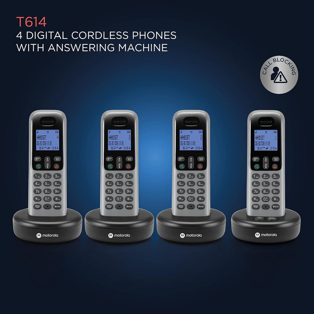 Motorola Voice Cordless Phone System w/ 4 Digital Handsets + Answering Machine, Remote Access, Call Block - Dark Grey (T614)