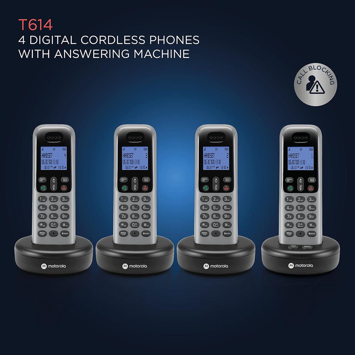 Motorola Voice Cordless Phone System w/ 4 Digital Handsets + Answering Machine, Remote Access, Call Block - Dark Grey (T614)