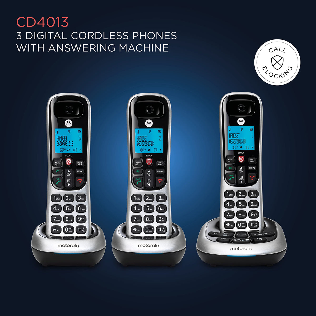 Motorola CD4014 DECT 6.0 Cordless Phone with Answering Machine and Call Block, Silver/Black, 4 Handsets