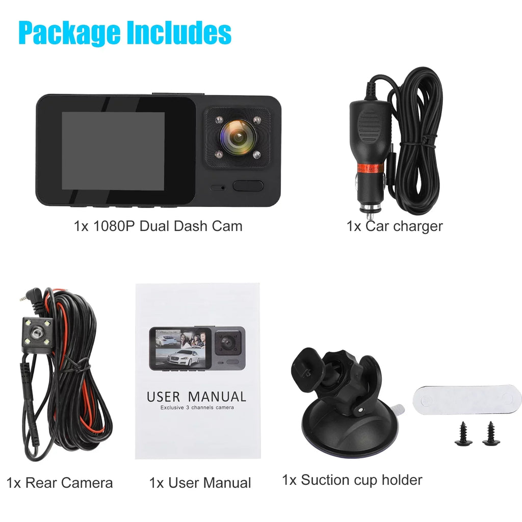 Loop G-Sensor, Vision, TSV Backup Cam, Recording Camera Night HD 3 1080P Channel Dash Monitor, Dash Black - Parking with