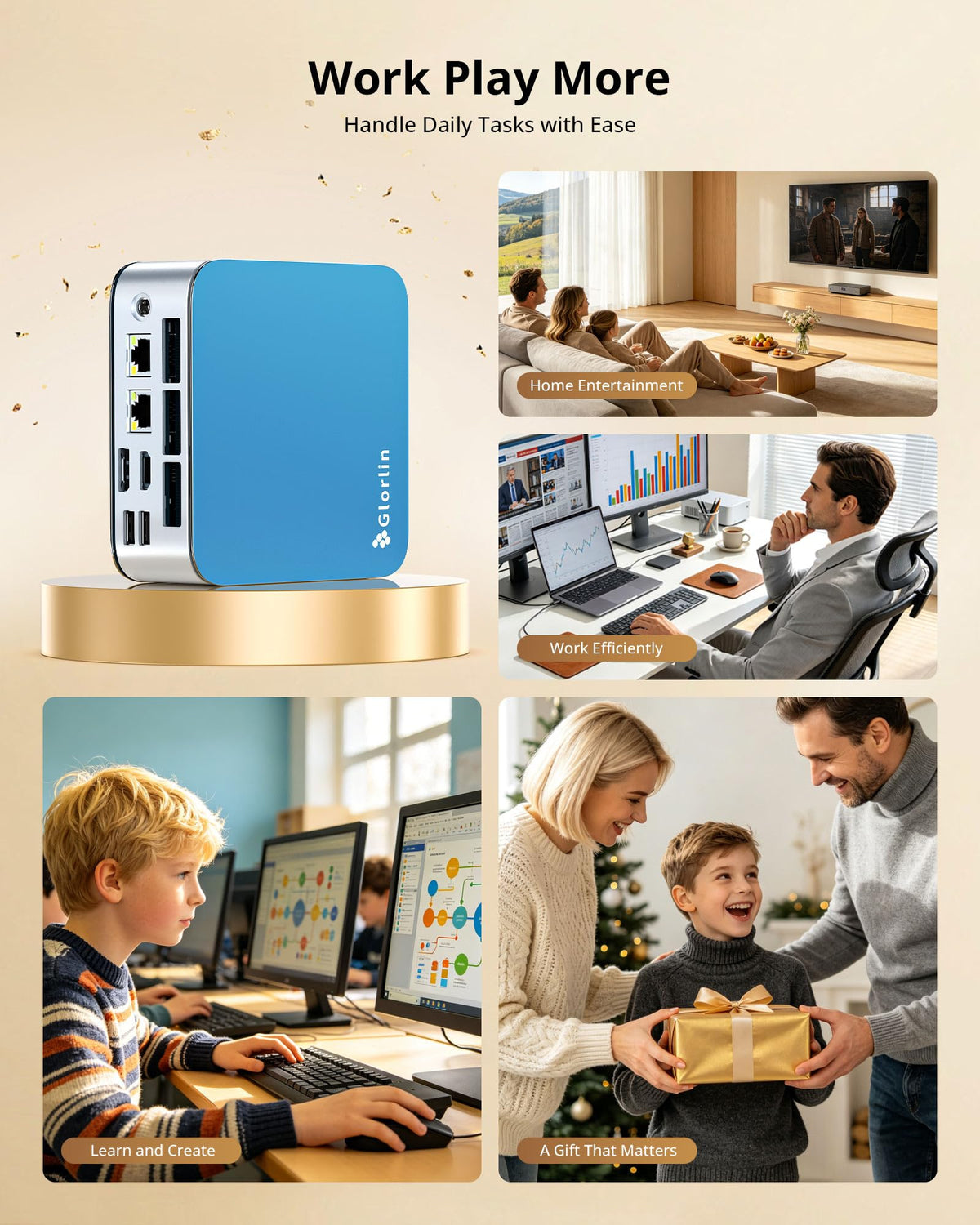 Glorlin Mini PC - Ryzen 5 3501U (up to 3.7GHz), 16GB DDR4 512GB SSD, Mini Desktop Computer with Triple 4K Display Support, WiFi 6 Bluetooth 5.3, Small Micro PC for Work, Study & Multitasking