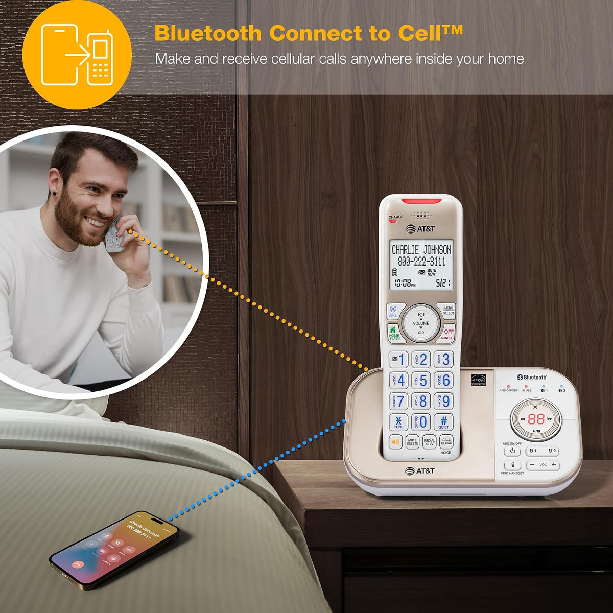 AT&T BL3112-3 3-Handset DECT 6.0 Cordless Phone for Home with Bluetooth Connect to Cell, Smart Call Blocker, Answering Machine, Caller ID, Expandable up to 5 Handsets, Champagne Gold/White