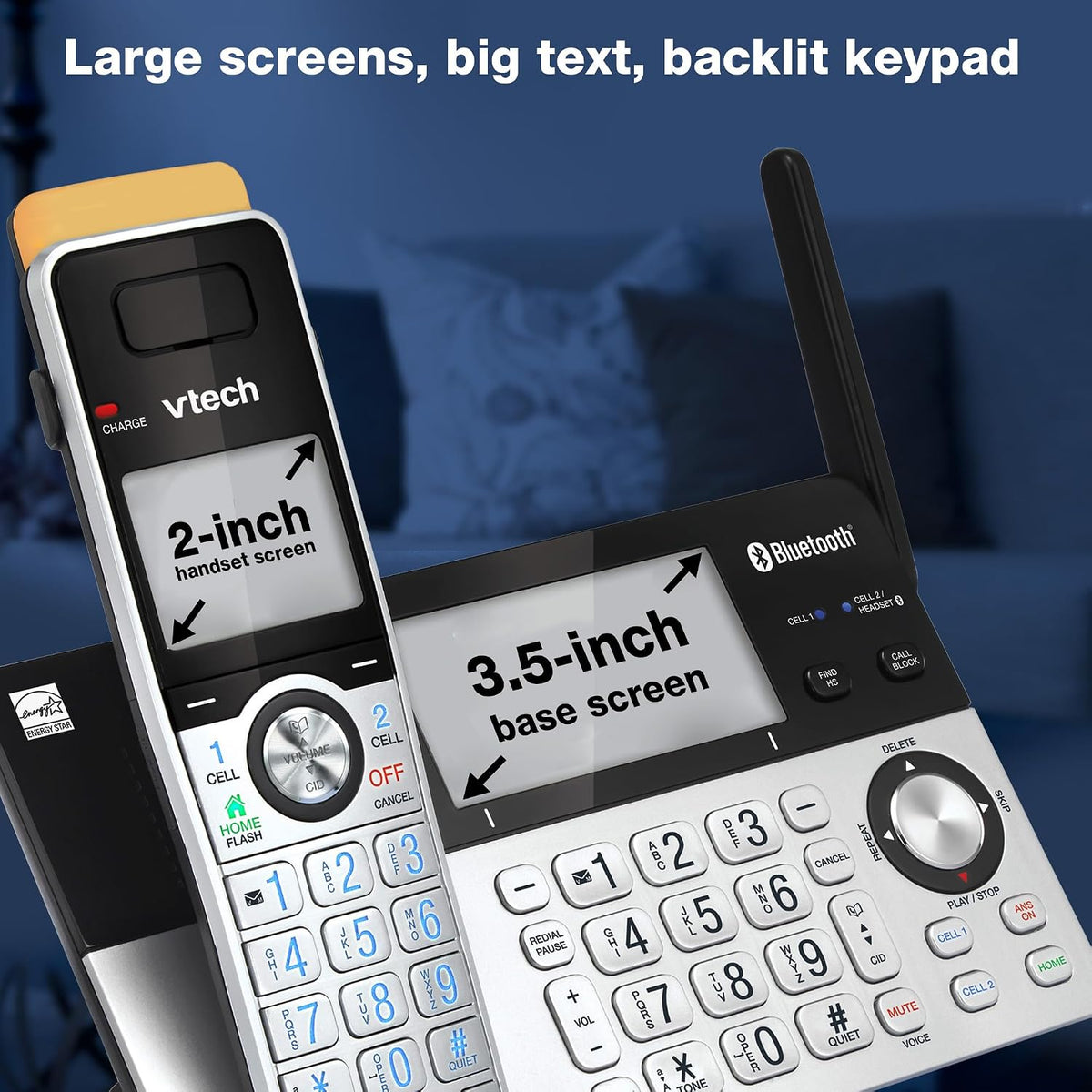 VTech IS8151-2 Super Long Range 2 Handset DECT 6.0 Cordless Phone for Home with Answering Machine, 2300 ft Range, Call Blocking, Bluetooth, Headset Jack, Power Backup, Intercom, Expandable to 12 HS